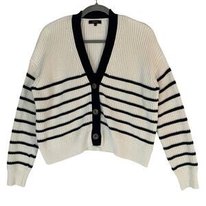 Quince Organic Cotton Fisherman Boxy Cropped Cardigan XS White Black Stripe